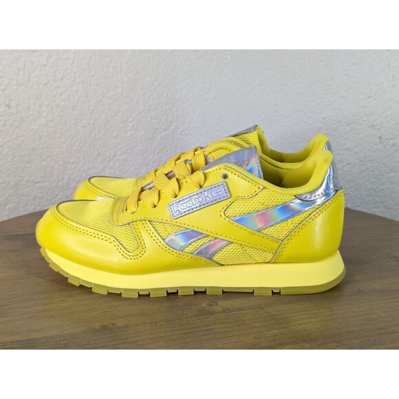 NWOB Reebok Girls Leather Running Sneakers Size 1 Yellow Silver Athletic Retro - Picture 6 of 11